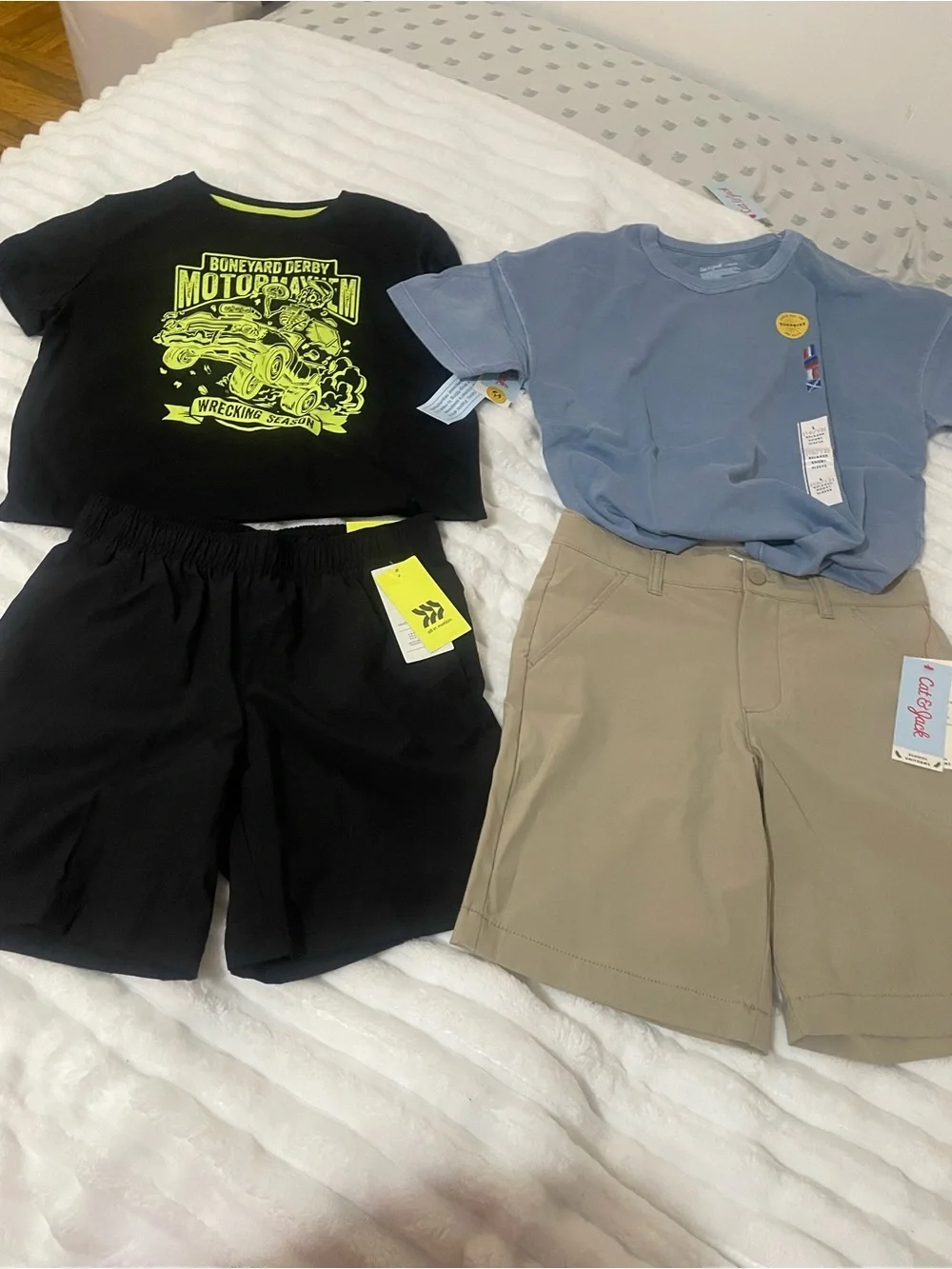 Set of Kids Tops & Shorts - Black Graphic Tee, Blue Tee, Black & Khaki Shorts
